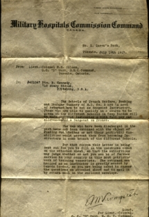 1917 MHCC letter to B.R. Kennedy asking for disabled soldiers to train troops.