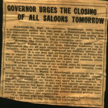 Newspaper article about Pa. Gov. closing saloons for Draft Registration.
