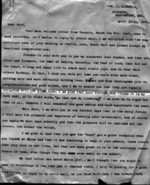 Jim Kinsella letter to Burt & Ida of April 30, 1919, page 1.