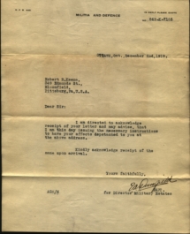 Dec 2, 1919 letter from Canadian Gov. sending effects of R.R. Keene to 349 Edmunds St.