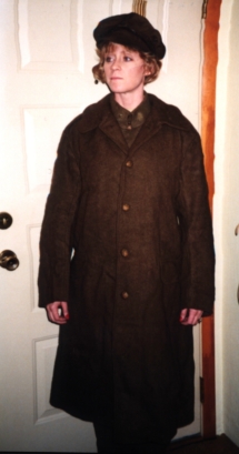 Deanna "Kennedy" DiCola in grandad's WWI overcoat.