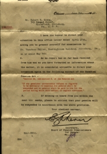 Letter stopping pension for R.R. Keene if he does not show up for doctor evaluation.