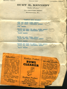 Kenburt Products letterhead and product pricing. At bottom is label for Bowl Cleaner.