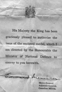 Letter for unknown medal, not dated.